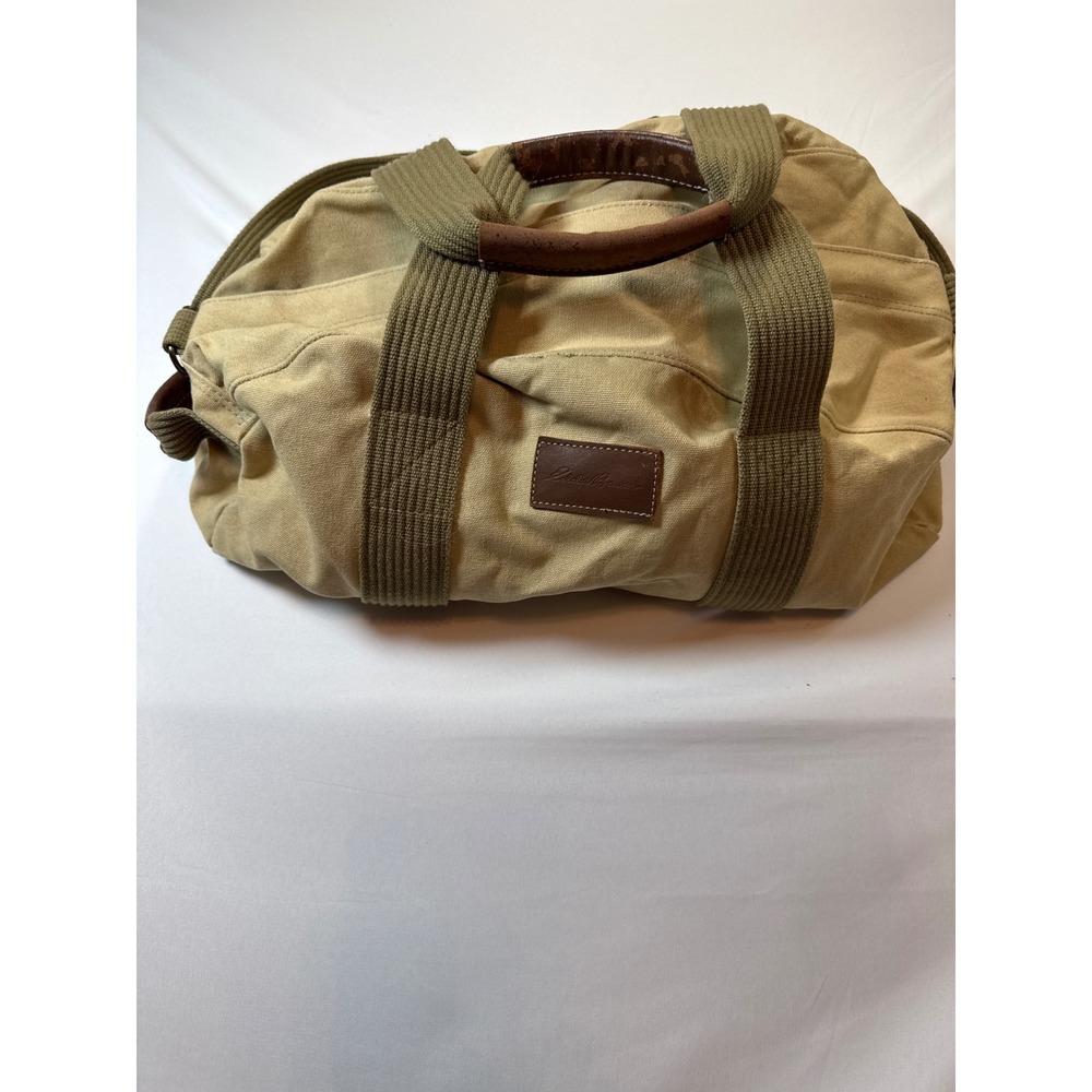Eddie Bauer Canvas Duffel Bag Tan Olive Green Leather Trim Weekend Travel Bag